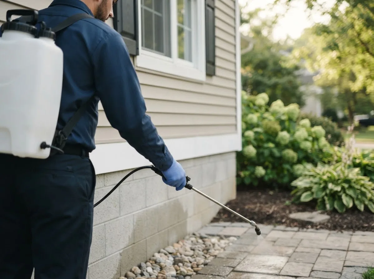 Pest control technician inspecting a home in New Vienna, IA